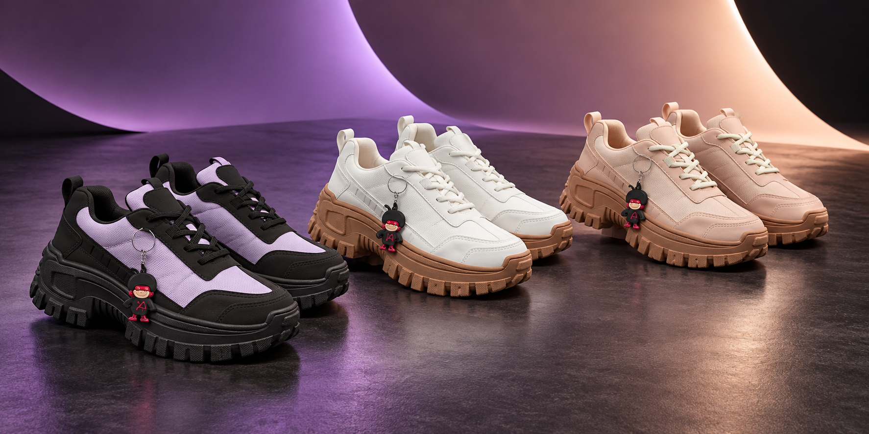 Colección Urban Chunk en lila-negro, blanco y curuba sobre set de estudio